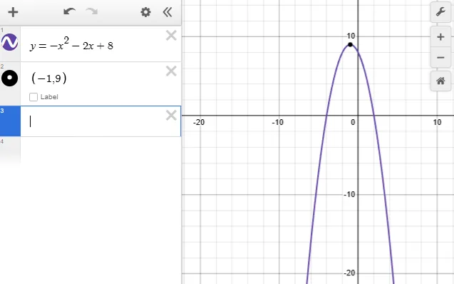 Analytic Geometry – Vertex of the Parabola $y = -x^2 - 2x + 8$ – Diagram