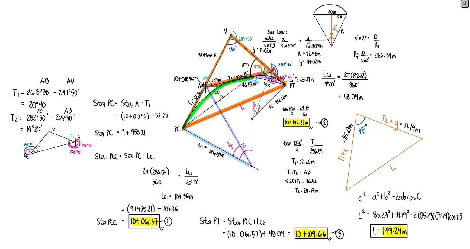 Highway Engineering – Problem: Compound Curve Given the Length of the Common Tangent and Azimuths | Chord Basis – Diagram