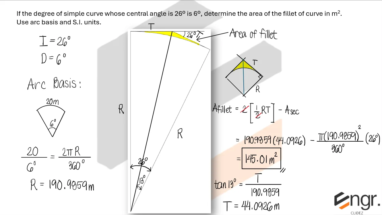 Highway Engineering – Problem: Arc Basis and Fillet of Curve – Diagram