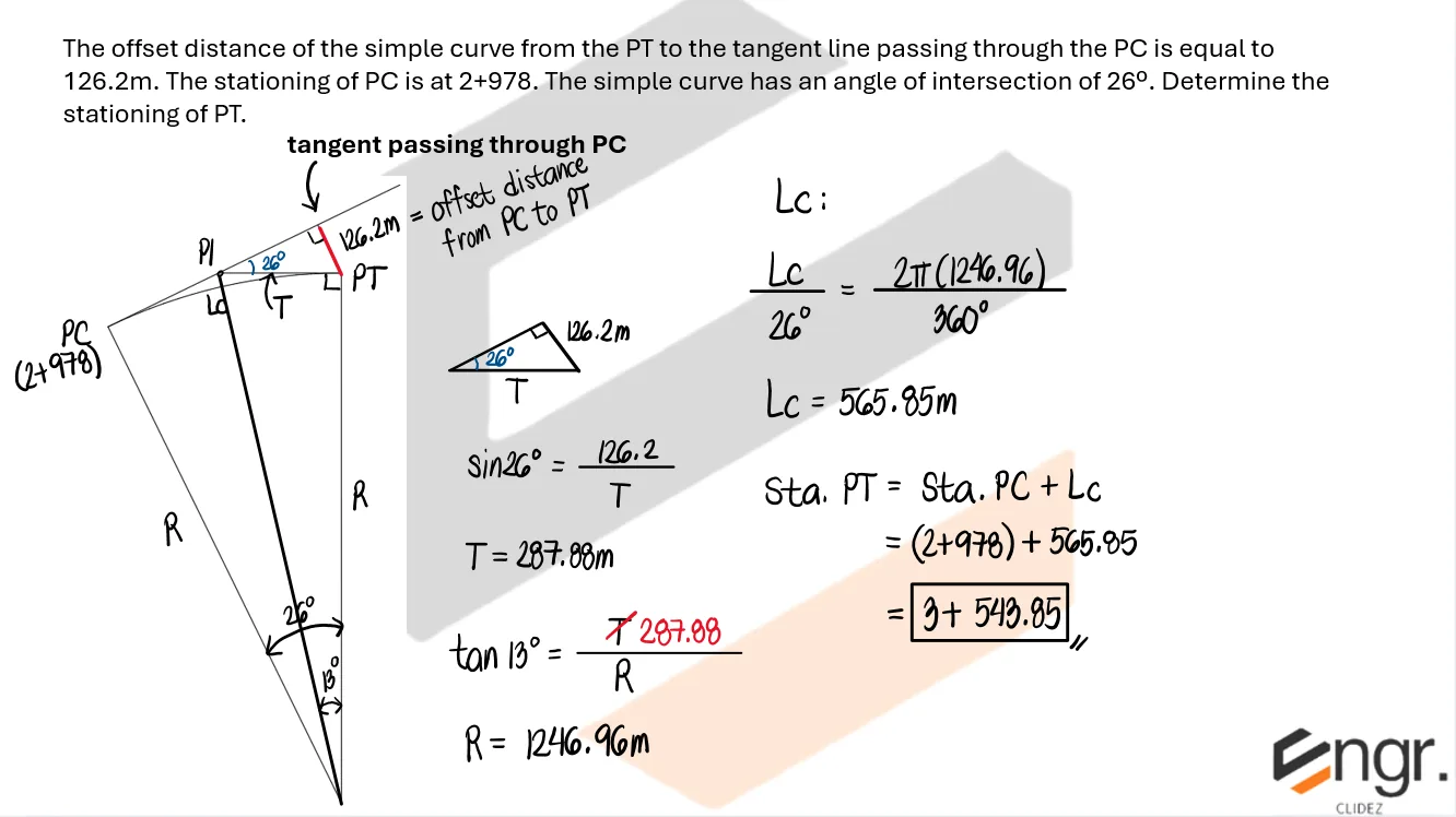 Highway Engineering – Problem: Offset Distance from PT – Diagram
