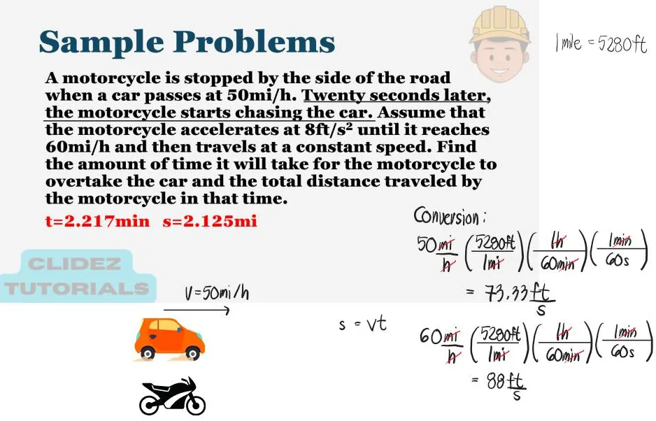 Classical Physics – Problem: How Soon will the Motorcycle Overtake the Car? – Diagram