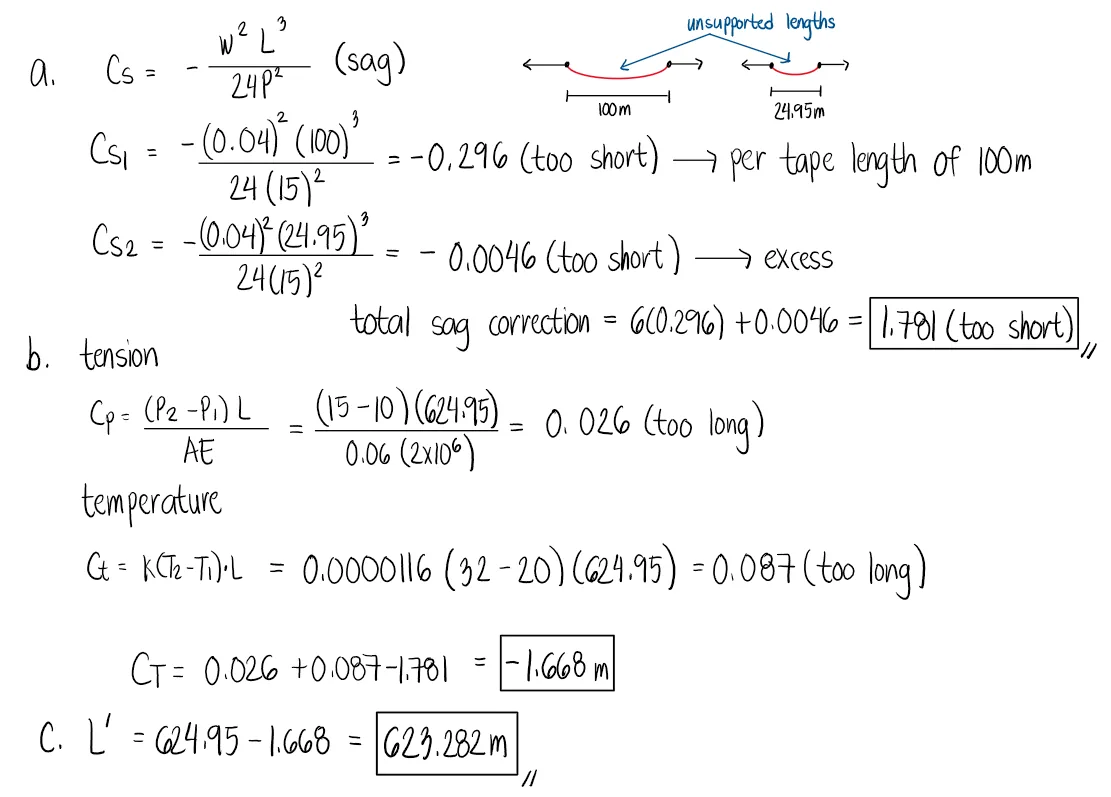 Measurement of Distances | Fundamentals of Surveying – Problem 7 (Correction due to tension, sag, and temperature): – Diagram