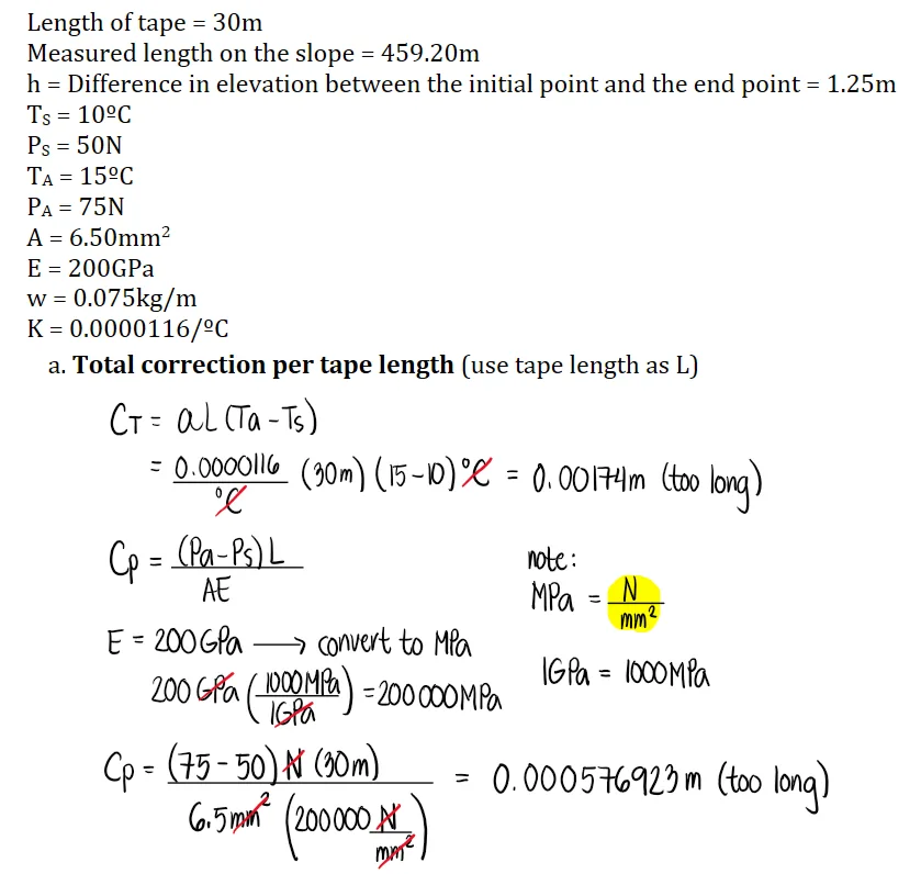 Measurement of Distances | Fundamentals of Surveying – Problem 8 (Correction due to temperature, pull, sag, and slope): – Diagram