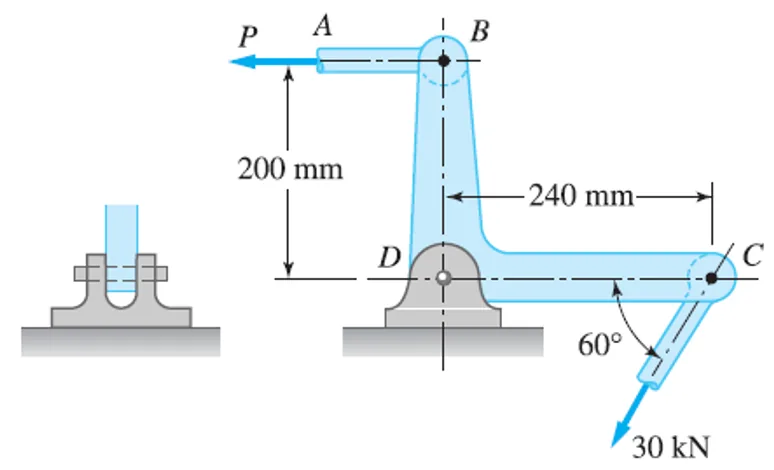 Simple Stresses (Axial, Shear, and Bearing Stresses) | Mechanics of Deformable Bodies – Problem 22: Bell Crank | Tensile and Shear Stress – Diagram