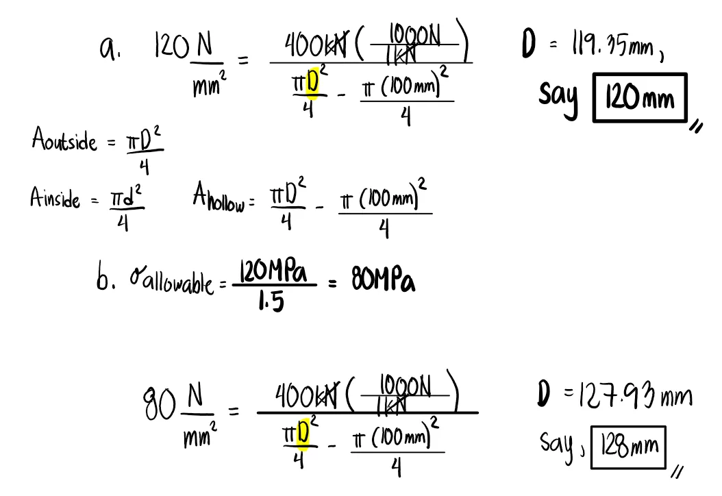 Simple Stresses (Axial, Shear, and Bearing Stresses) | Mechanics of Deformable Bodies – Problem 1: Axial Stress on Hollow Steel Tube – Diagram