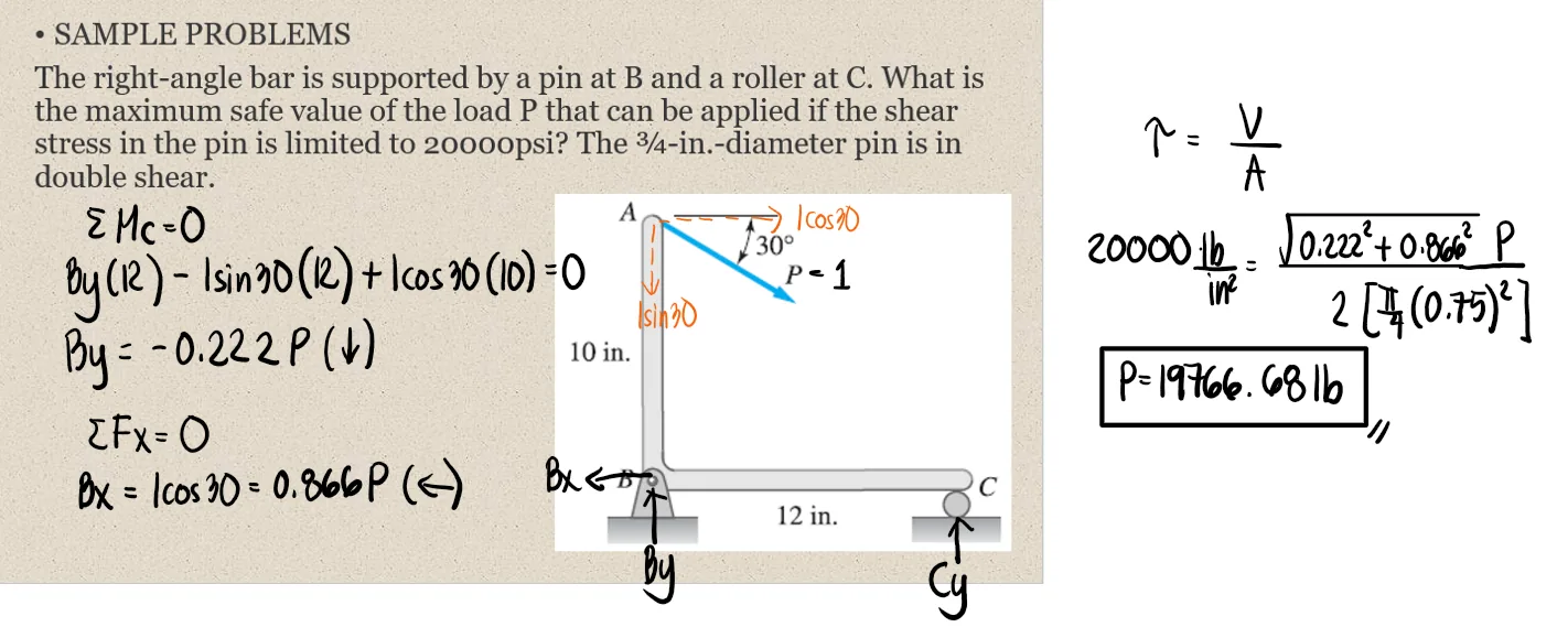 Simple Stresses (Axial, Shear, and Bearing Stresses) | Mechanics of Deformable Bodies – Problem 24: Right-Angle Bar Supported by Pin and Roller – Diagram