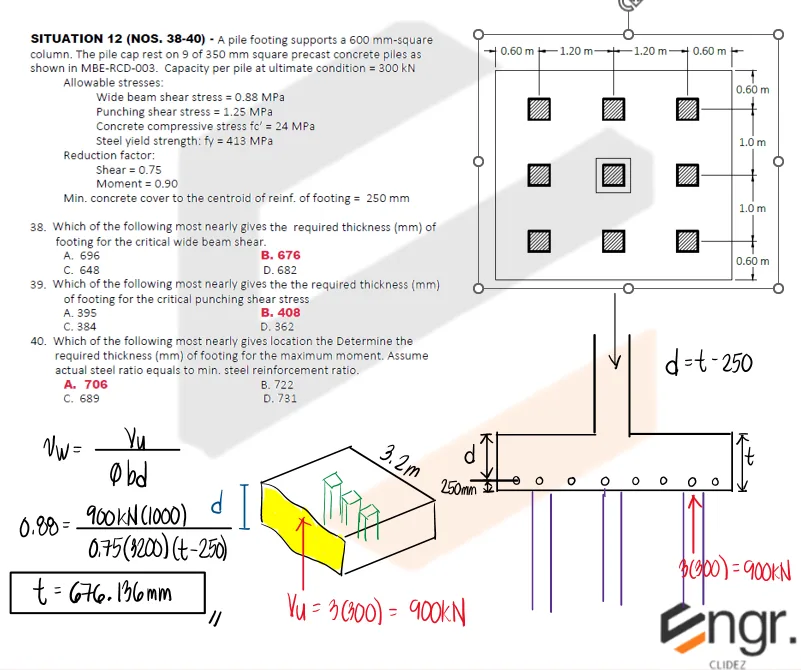 Reinforced Concrete Footings | Principles of Reinforced Concrete - Pile Footing Thickness for Shear and Moment - Solution 1