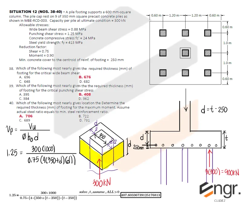 Reinforced Concrete Footings | Principles of Reinforced Concrete - Pile Footing Thickness for Shear and Moment - Solution 2