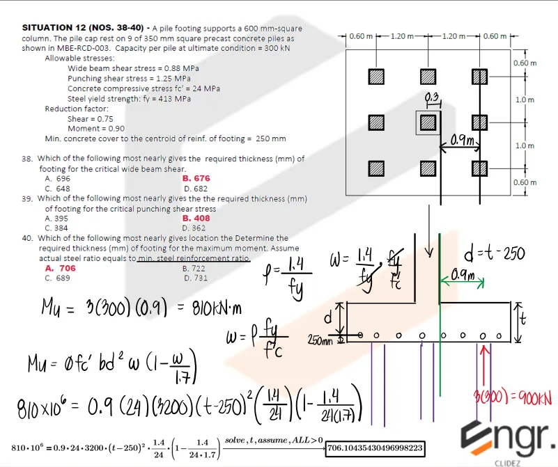 Reinforced Concrete Footings | Principles of Reinforced Concrete - Pile Footing Thickness for Shear and Moment - Solution 3